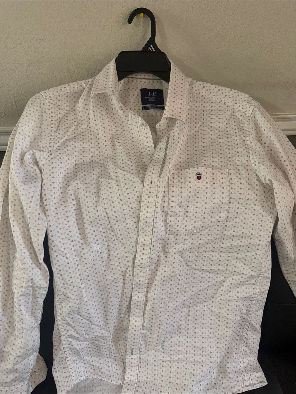 Louis Philippe White Button-Down Shirt with Small Red and Blue Dot Pattern